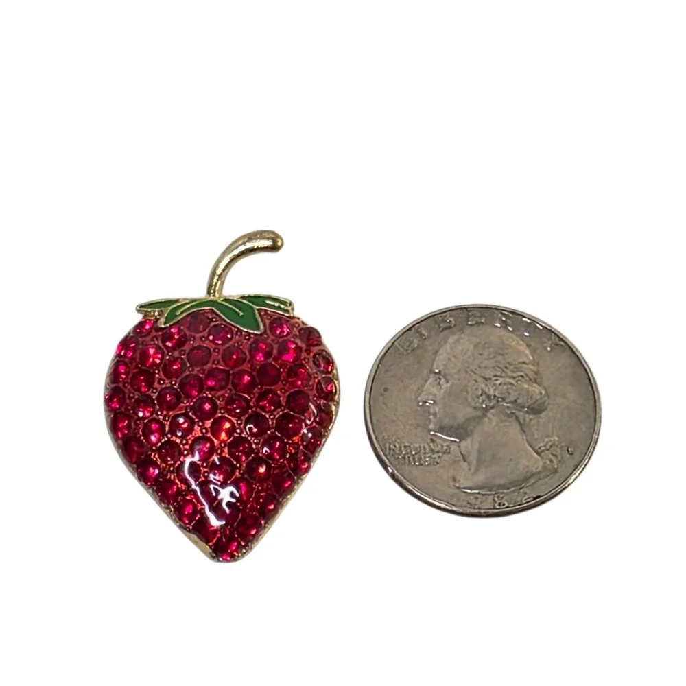 Red Rhinestone Strawberry Brooch Enamel Fruit‎ Pin Whimsical Cottagecore